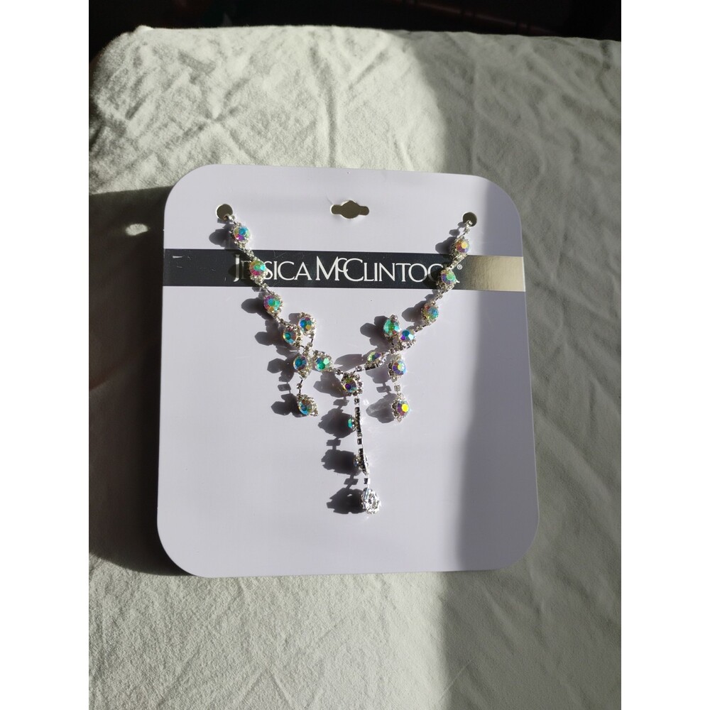 Jessice McClintock Rhinestone Earrings &Necklace Set on Orig Display Card NEW